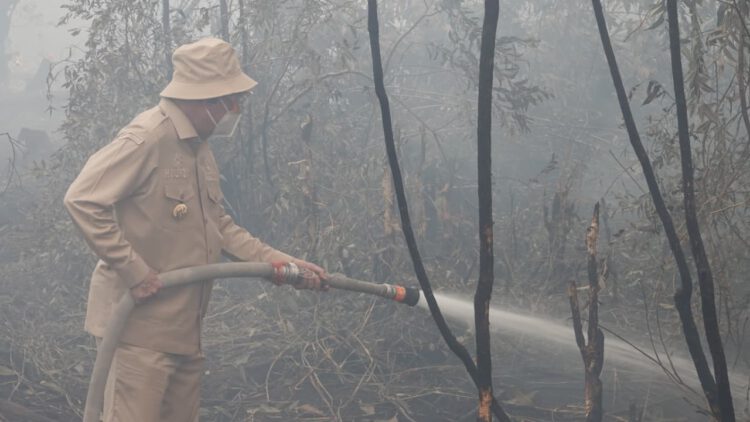 Gubernur Kalsel H. Muhidin Bersama Forkopimda Terjun Langsung Padamkan Karhutla, Kawasan RS Sambang Lihum Jadi Prioritas